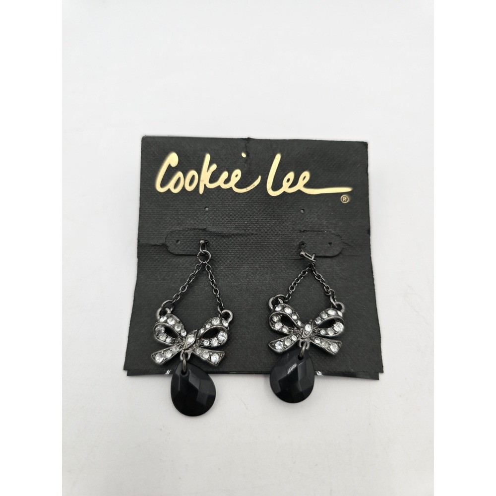 Cookie Lee Dangle Earrings Bow Genuine Crystal Earrings Silver Tone & Black
